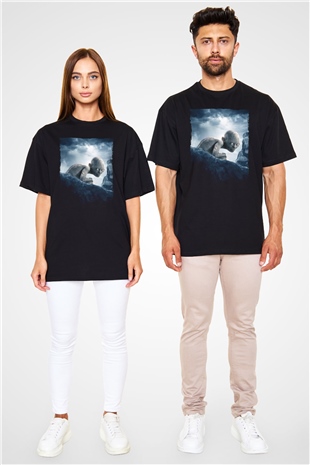 Unisex Yüzüklerin Efendisi İki Kule (The Lord of the Rings The Two Towers) Baskılı Siyah Oversize Tişört