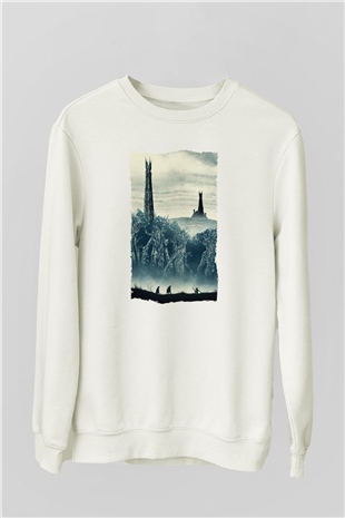 Unisex Yüzüklerin Efendisi İki Kule (The Lord of the Rings The Two Towers) Baskılı Beyaz Sweatshirt