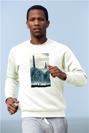 Unisex Yüzüklerin Efendisi İki Kule (The Lord of the Rings The Two Towers) Baskılı Beyaz Sweatshirt