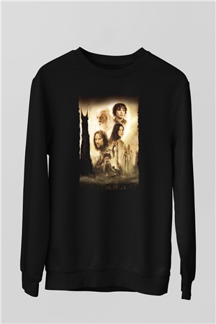 Unisex Yüzüklerin Efendisi İki Kule (The Lord of the Rings The Two Towers) Baskılı Siyah Sweatshirt