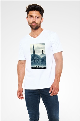 Unisex Yüzüklerin Efendisi İki Kule (The Lord of the Rings The Two Towers) Baskılı Beyaz V Yaka Tshirt