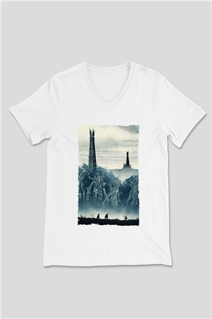 Unisex Yüzüklerin Efendisi İki Kule (The Lord of the Rings The Two Towers) Baskılı Beyaz V Yaka Tshirt
