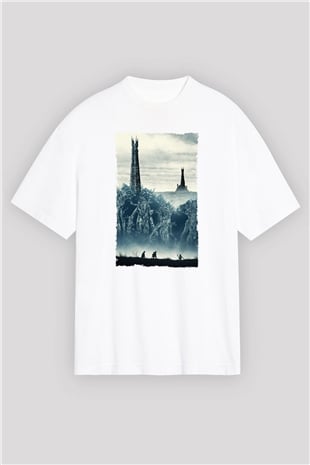 Unisex Yüzüklerin Efendisi İki Kule (The Lord of the Rings The Two Towers) Baskılı Beyaz Oversize Oversize T-shirt