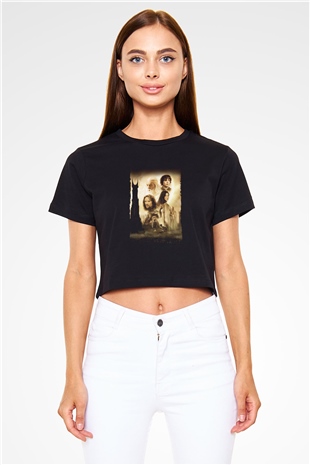 Unisex Yüzüklerin Efendisi İki Kule (The Lord of the Rings The Two Towers) Baskılı Siyah Crop Top T-shirt