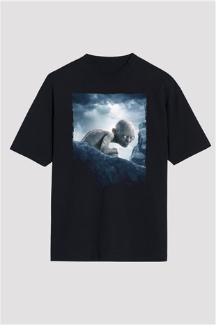 Unisex Yüzüklerin Efendisi İki Kule (The Lord of the Rings The Two Towers) Baskılı Siyah Oversize Tişört
