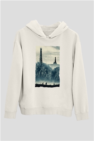 Unisex Yüzüklerin Efendisi İki Kule (The Lord of the Rings The Two Towers) Baskılı Beyaz Kapüşonlu Sweatshirt