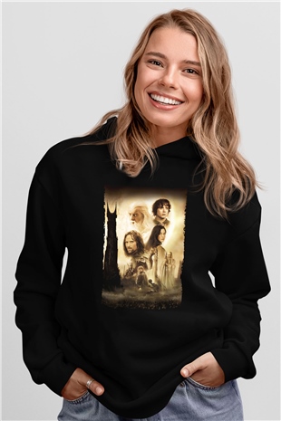 Unisex Yüzüklerin Efendisi İki Kule (The Lord of the Rings The Two Towers) Baskılı Siyah Kapüşonlu Sweatshirt