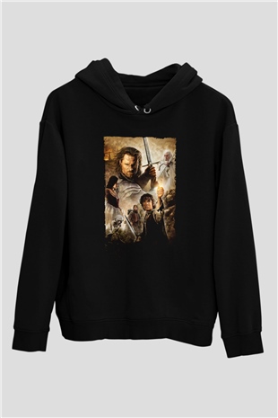 Unisex Yüzüklerin Efendisi Kralın Dönüşü (The Lord of the Rings The Return of the King) Baskılı Siyah Kapüşonlu Sweatshirt