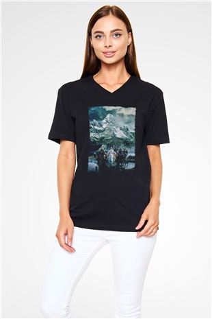 Unisex Yüzüklerin Efendisi Kralın Dönüşü (The Lord of the Rings The Return of the King) Baskılı Siyah Unisex V Yaka Tişört
