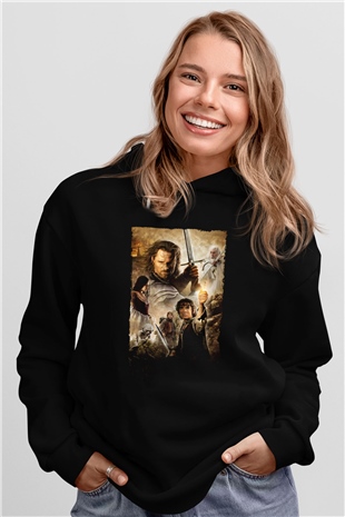Unisex Yüzüklerin Efendisi Kralın Dönüşü (The Lord of the Rings The Return of the King) Baskılı Siyah Kapüşonlu Sweatshirt