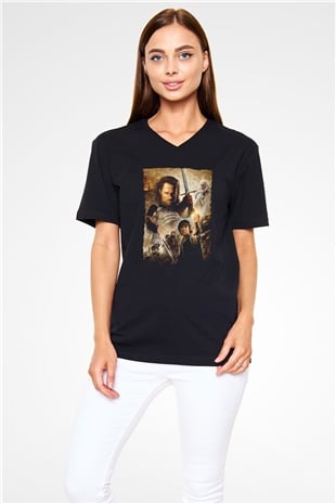 Unisex Yüzüklerin Efendisi Kralın Dönüşü (The Lord of the Rings The Return of the King) Baskılı Siyah V Yaka Tshirt