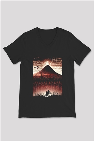 Unisex Yüzüklerin Efendisi Kralın Dönüşü (The Lord of the Rings The Return of the King) Baskılı Siyah Unisex V Yaka T-shirt