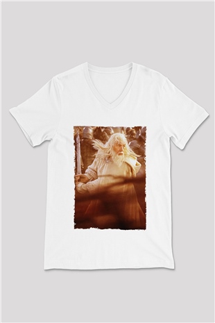 Unisex Yüzüklerin Efendisi Kralın Dönüşü (The Lord of the Rings The Return of the King) Baskılı Beyaz V Yaka T-shirt