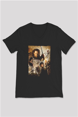 Unisex Yüzüklerin Efendisi Kralın Dönüşü (The Lord of the Rings The Return of the King) Baskılı Siyah V Yaka Tshirt
