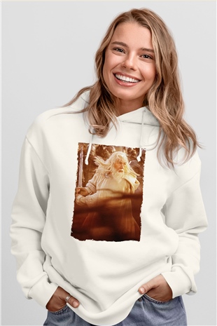 Unisex Yüzüklerin Efendisi Kralın Dönüşü (The Lord of the Rings The Return of the King) Baskılı Beyaz Kapüşonlu Sweatshirt