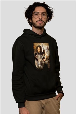 Unisex Yüzüklerin Efendisi Kralın Dönüşü (The Lord of the Rings The Return of the King) Baskılı Siyah Kapüşonlu Sweatshirt