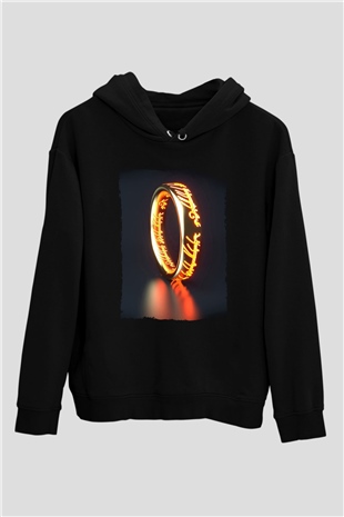 Unisex Yüzüklerin Efendisi (The Lord of the Rings) Baskılı Siyah Kapüşonlu Sweatshirt