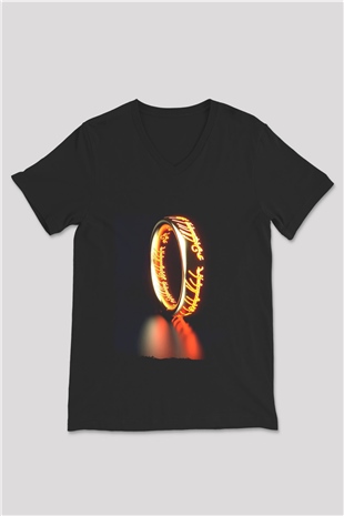Unisex Yüzüklerin Efendisi (The Lord of the Rings) Baskılı Siyah V Yaka Tshirt