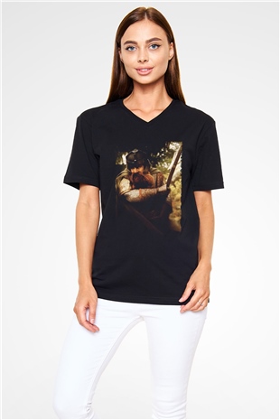 Unisex Yüzüklerin Efendisi Yüzük Kardeşliği (The Lord of the Rings The Fellowship of the Ring) Baskılı Siyah V Yaka Tshirt