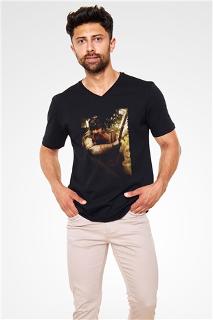 Unisex Yüzüklerin Efendisi Yüzük Kardeşliği (The Lord of the Rings The Fellowship of the Ring) Baskılı Siyah V Yaka Tshirt