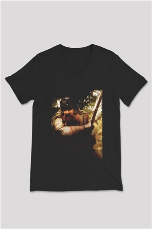 Unisex Yüzüklerin Efendisi Yüzük Kardeşliği (The Lord of the Rings The Fellowship of the Ring) Baskılı Siyah V Yaka Tshirt