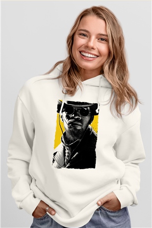 Unisex Zincirsiz - Django Unchained Baskılı Beyaz Kapüşonlu Sweatshirt