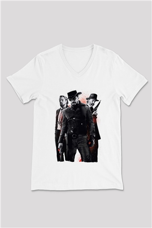 Unisex Zincirsiz - Django Unchained Baskılı Beyaz V Yaka Tişört