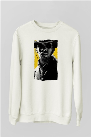 Unisex Zincirsiz - Django Unchained Baskılı Beyaz Sweatshirt