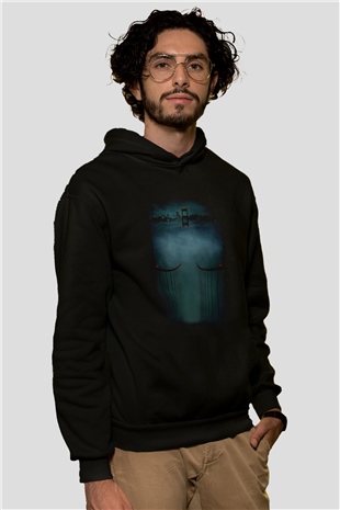 Unisex Zodiac Baskılı Siyah Kapüşonlu Sweatshirt