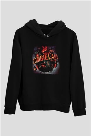 Unisex Zombieland Baskılı Siyah Kapüşonlu Sweatshirt