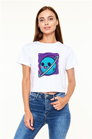 Uranüs Beyaz Croptop Tişört
