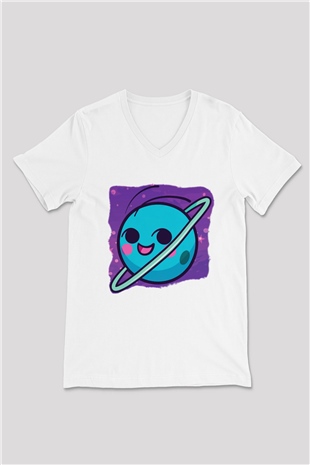 Uranüs Beyaz Unisex V Yaka Tişört T-Shirt
