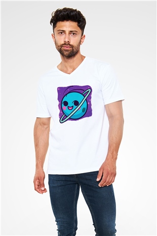 Uranüs Beyaz Unisex V Yaka Tişört T-Shirt