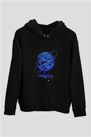 Uranüs Çizim Baskılı Unisex Siyah Kapüşonlu Sweatshirt