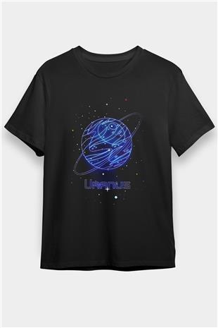 Uranüs Çizim Baskılı Unisex Siyah Tişört - Tshirt