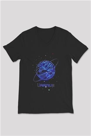 Uranüs Çizim Baskılı Unisex V Yaka Siyah Tİşört - Tshirt