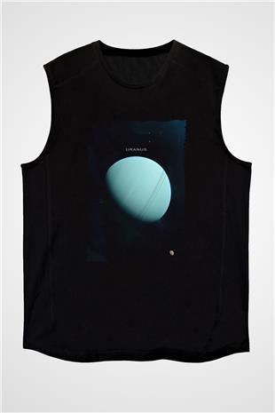 Uranüs Fotoğraf Baskılı Unisex Kolsuz Siyah Tişört - Tshirt