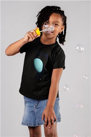 Uranüs Fotoğraf Baskılı Unisex Siyah Çocuk Tişörtü - Tshirt