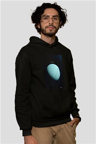 Uranüs Fotoğraf Baskılı Unisex Siyah Kapüşonlu Sweatshirt