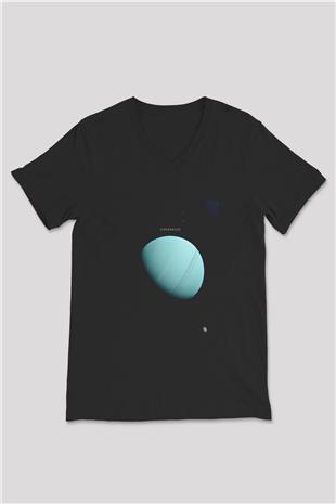 Uranüs Fotoğraf Baskılı Unisex V Yaka Siyah Tİşört - Tshirt