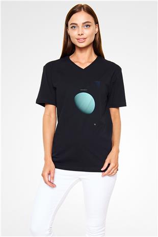 Uranüs Fotoğraf Baskılı Unisex V Yaka Siyah Tİşört - Tshirt
