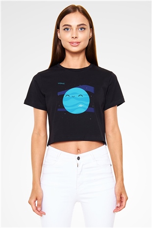 Uranüs Siyah Crop Top Tişört