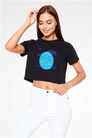 Uranüs Siyah Crop Top Tişört