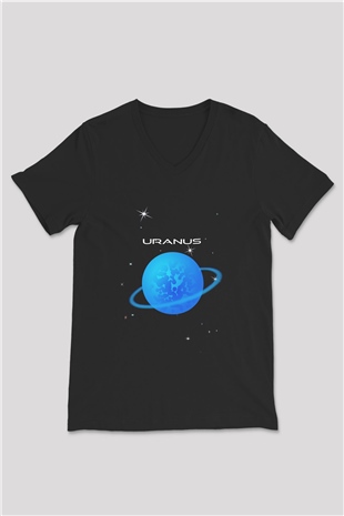 Uranüs Siyah Unisex V Yaka Tişört