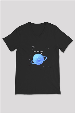 Uranüs Siyah Unisex V Yaka Tişört T-Shirt