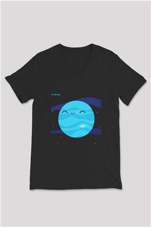 Uranüs Siyah Unisex V Yaka Tişört T-Shirt