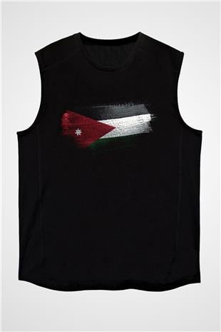 Ürdün Bayrağı Baskılı Unisex Siyah Kolsuz Tişört