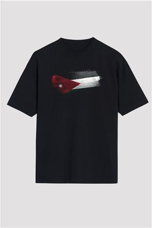 Ürdün Bayrağı Baskılı Unisex Siyah Oversize Tişört