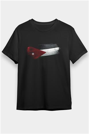 Ürdün Bayrağı Baskılı Unisex Siyah Tişört