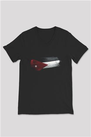 Ürdün Bayrağı Baskılı Unisex Siyah V Yaka Tişört